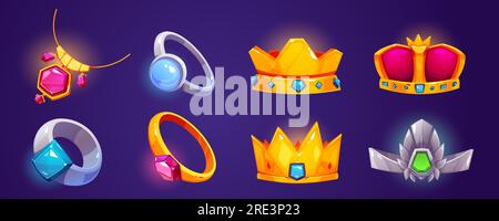 Cartoon jewelry accessories set isolated on background. Vector illustration of golden and silver rings, royal crowns, necklace decorated with colorful precious gemstones. Medieval game treasure assets Stock Vector