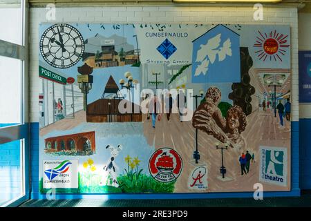 A mural in the interior of The Centre shopping centre at Cumbernauld New Town in North Lanarkshire, Scotland. Stock Photo