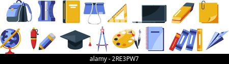 University or school supplies for studying and obtaining knowledge. Isolated books and rucksack, globe and graduation hat, pencil and eraser, clipper Stock Vector