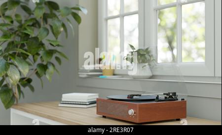 Close-up image of a vintage record player on a wooden table against the window in a minimalist white room. 3d render, 3d illustration Stock Photo