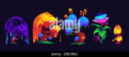 Cartoon set of magic trees and flowers isolated on black background. Vector illustration of fairytale plants glowing with neon colors, fantastic tropical garden design elements, nature on alien planet Stock Vector