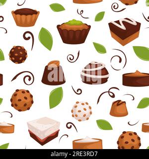 Chocolate cakes and candies with nut and cocoa. Decorative sweet topping and leaves, jelly and biscuits. Confectionery dessert shop. Seamless pattern, Stock Vector