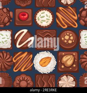 Dessert and sweet cakes, chocolate candies with topping and nuts, cherry and berry for decor. Organic and natural cocoa ingredient. Seamless pattern, Stock Vector