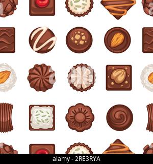 Chocolate candies with cookies, nuts and sweet cherry. Confectionery and desserts in shop or store, restaurant or bakery with menu. Seamless pattern, Stock Vector