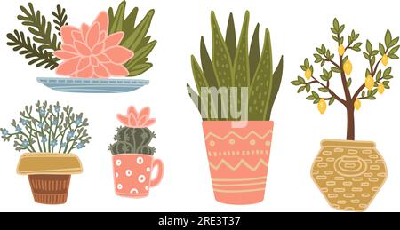 Blooming and flourishing houseplants with leaves and flowers. Blossom and decoration for home or office interior design. Potted cactus and bushes in p Stock Vector