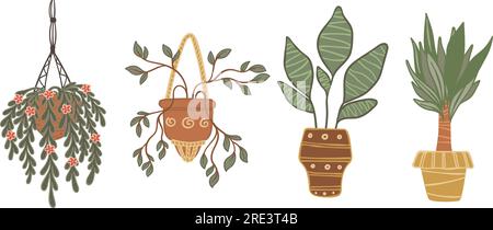 Potted houseplants with leaves and hanging foliage and branches. Isolated pots and vases with tree like plants, leafy decoration for home or office in Stock Vector