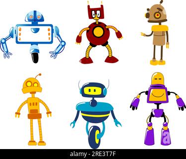Set of six different cute colorful retro robot toys for kids, vector illustration on white Stock Vector