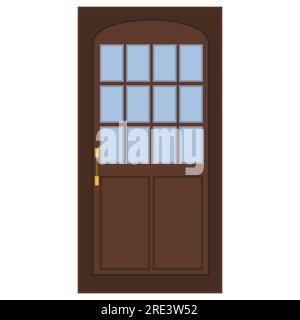 Brown door with glass windows and door knob isolated on white background. Vector clipart. Stock Vector