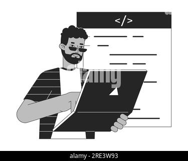 Happy man with laptop bw concept vector spot illustration Stock Vector