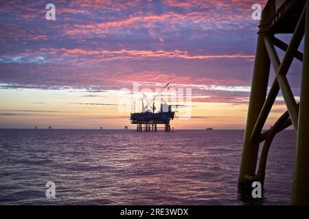 Offshore Wind farm electrical station in the sea at sunrise with part of wind mill construction in fore ground. Stock Photo