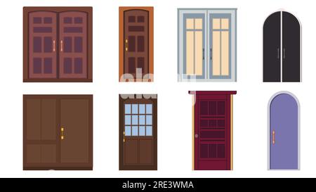 Set of different colored entrance doors isolated on white background. Vector clipart. Stock Vector