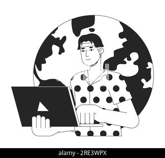 Handsome asian man typing on laptop bw concept vector spot illustration Stock Vector