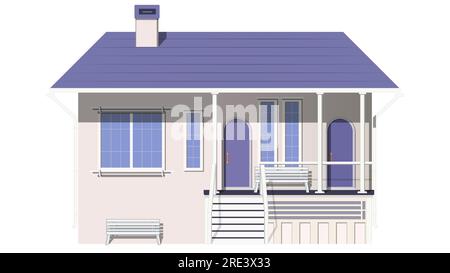 Colored one-story house with porch and benches isolated on white background. Vector clipart. Stock Vector
