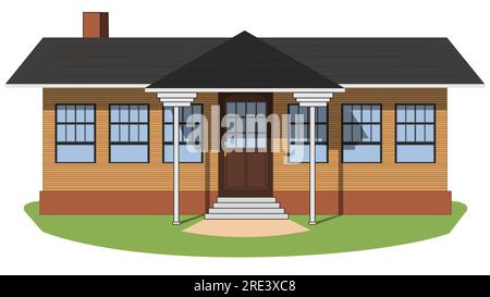 Colored one-story house with porch and canopy isolated on white background. Vector clipart. Stock Vector