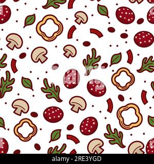 Herbs and spices, basil and leaves with mushroom and sweet paprika or bell pepper. Tasty mix of vegetables and greenery, gastronomy. Seamless pattern, Stock Vector