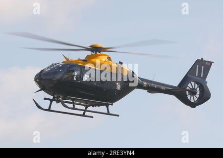 Fairford, UK. 12th July, 2023. RAF Airbus helicopter Juno HT1 ZM511 arrives for RIAT 2023 Air Show. Stock Photo