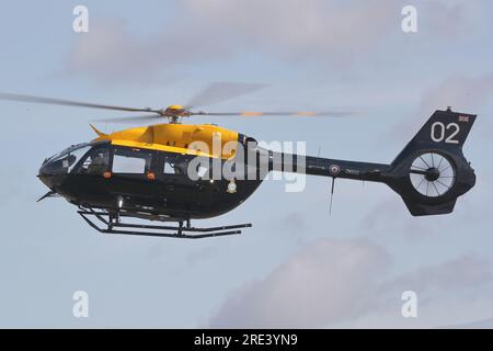 Fairford, UK. 12th July, 2023. RAF Airbus helicopter H145 ZM502 arrives for RIAT 2023 Air Show. Stock Photo