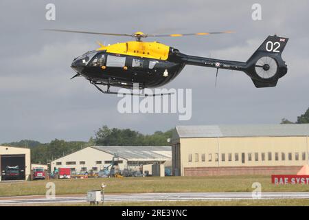 Fairford, UK. 12th July, 2023. RAF Airbus helicopter H145 ZM502 arrives for RIAT 2023 Air Show. Stock Photo