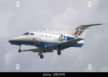 Fairford, UK. 12th July, 2023. RAF Embraer Phenom 100 ZM335 arrives for RIAT 2023 Air Show. Stock Photo