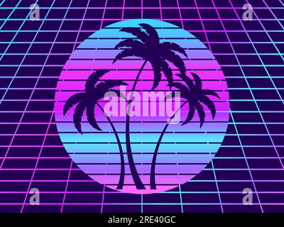 Retro sci-fi background with retro sun, palm trees and 80s style perspective grid. Futuristic sunset with palm trees. Synthwave and retrowave style. D Stock Vector