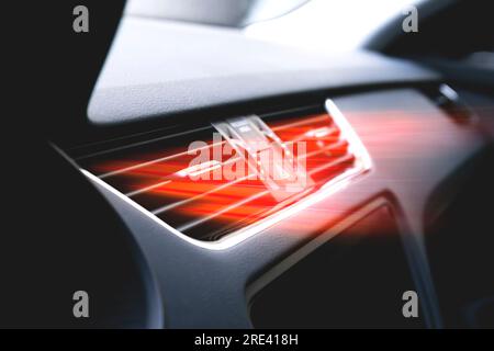 Hot air coming out from car dashboard air went. Vehicle heating system illustration. Cabin filter. Vehicle odor removal. Air purification and Stock Photo