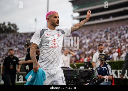 AC Milan defender Théo Hernández (19) during the Soccer Champions Tour against Real Madrid, Sunday, July 23, 2023, at the Rose Bowl, in Pasadena, CA. Stock Photo