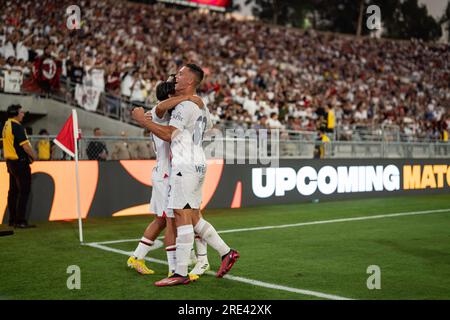 Milan defender Jan-Carlo Simić (82) celebrates with teammates during the Soccer Champions Tour against AC Milan, Sunday, July 23, 2023, at the Rose Bo Stock Photo