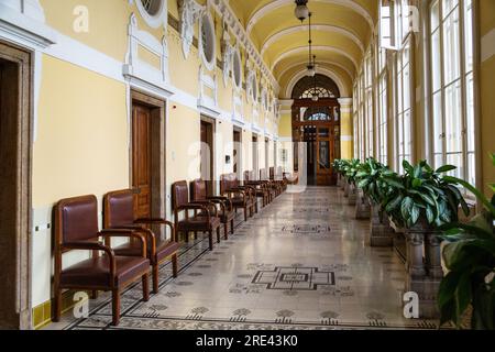 BUDAPEST, HUNGARY - MARTH 13, 2023: This is a gallery with procedural rooms in the building of the resort complex of the Szechenyi Baths. Stock Photo