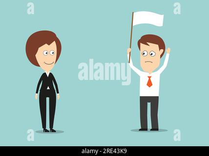 Businessman with raised hands and white flag conceded defeat in conflict with his female boss. Cartoon flat style Stock Vector