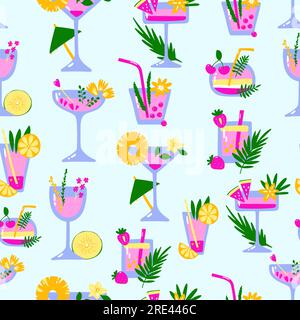 Tropical cocktails seamless pattern. Drinks on light background. Hand drawn liquor with straws, fruits, berries, leaves, spices. Beverage, soda, juice Stock Vector