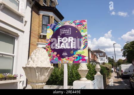 Purple Bricks Estate Agent's for sale sign outside a property in south east Streatham, London, England, U.K. Stock Photo