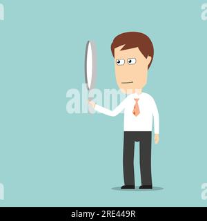Serious businessman looking through magnifying glass, for research or exploration concept. Cartoon flat style Stock Vector
