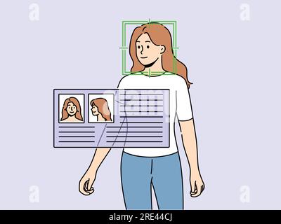 Questionnaire near woman with circled face symbolizes facial recognition using video surveillance with artificial intelligence. Technology of tracking people through video surveillance system with AI Stock Vector