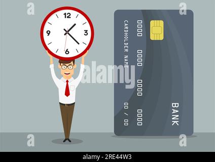 Banking manager with credit card holds clock above head, showing short period of time of credit or loan approval, for finance themes design. Cartoon flat style Stock Vector