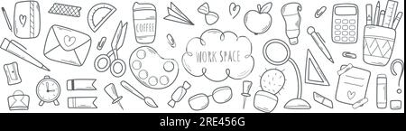 Workspace of student, artist or worker doodle sketch style Stock Vector