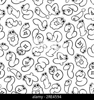 Black and white cartoon numbers characters background with sketchy seamless pattern of bubble digits, question and exclamation marks with smiling faces. May be use as childish room interior or book flyleaf design Stock Vector