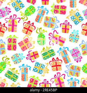 Seamless festive gift boxes with ribbon bows pattern with colorful wrappings, adorned by stars, hearts and floral ornaments over white background. May be used for birthday, christmas, valentine day or easter backdrop design Stock Vector