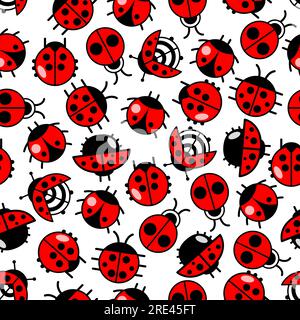 Bright seamless ladybird beetles pattern of crawling ladybugs over white background with shining red and black spotted wing covers. May be use as textile print or scrapbook page backdrop design Stock Vector