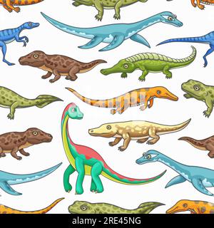 Dinosaurs seamless pattern of cartoon jurassic animals vector background. Prehistoric dino monsters and reptiles backdrop with brachiosaurus, mesosaurus and brontosaurus, eoraptor and pliosaurs Stock Vector