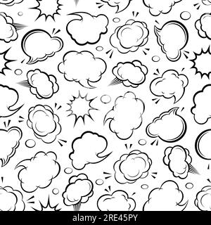 Cartoon comic speech bubbles and explosion clouds seamless background with black and white pattern of communication and sound balloons. Comic book flyleaf or interior textile design usage Stock Vector