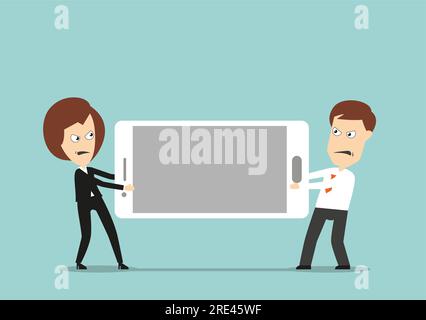 Angry businessman and business woman fighting over huge smartphone, for corporate challenge or competition concept design. Cartoon flat style Stock Vector