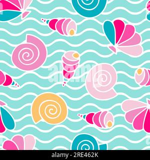 Hand-drawn Seashells seamless vector pattern. Cartoon pink sea snails on waves blue background. Doodle shells aquatic Illustration for wallpaper, wrap Stock Vector