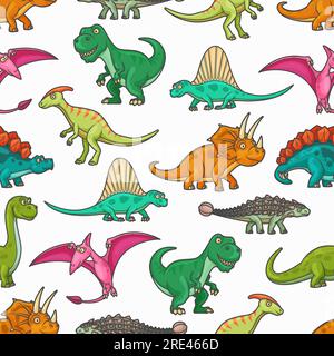 Dinosaur jurassic animals seamless pattern. Vector background with tyrannosaurus, pterodactyl, brontosaurus and spinosaurus, stegosaurus, diplodocus, triceratops and pteranodon prehistoric monsters Stock Vector