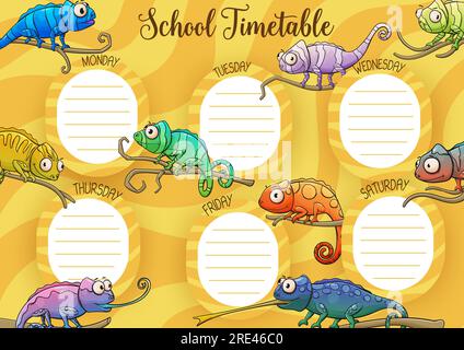 School timetable vector template of student schedule, education design. School timetable weekly planner with lesson chart layout with background frame of cute cartoon chameleon lizards Stock Vector