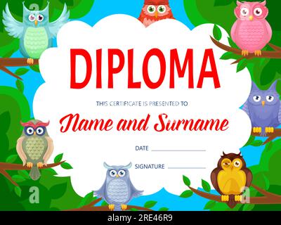 Education diploma with cartoon owls and funny owlets. Kids education achievement certificate, kindergarten diploma or graduation award template with cute owls birds sitting on tree branches Stock Vector