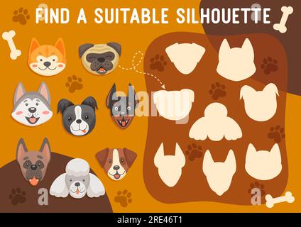 Kids game find a suitable silhouette of dog, shadow match vector boardgame with cute puppies heads. Riddle for children logic activity, preschool or kindergarten cartoon worksheet for mind development Stock Vector