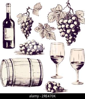 Vector wine harvest products, press, grapes icon eps10. Vector vineyards corkscrews glasses bottles in vintage style, engraved hand drawn sketch icon Stock Vector