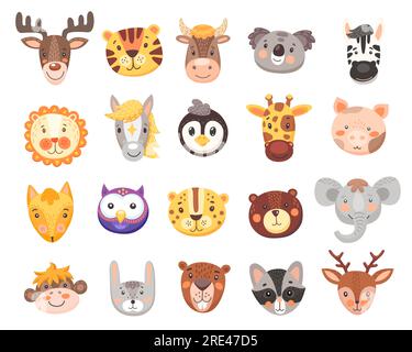 Cute animal faces vector set with isolated cartoon heads of bear, fox, tiger, bunny or rabbit, elephant, monkey, koala and deer. Funny owl, pig, giraffe and zebra, lion, cow, penguin and racoon Stock Vector