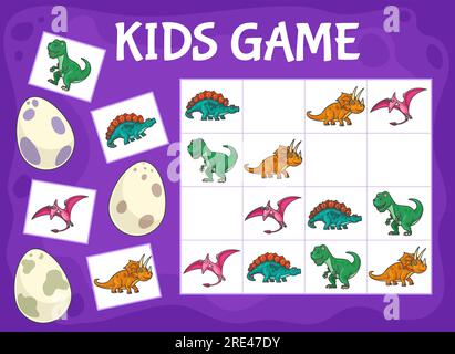 Sudoku kids game with cartoon dinosaurs. Logical game, educational puzzle or rebus, kids crossword worksheet with cute tyrannosaurus, triceratops and pterodactyl, stegosaurus, dinosaurs eggs Stock Vector