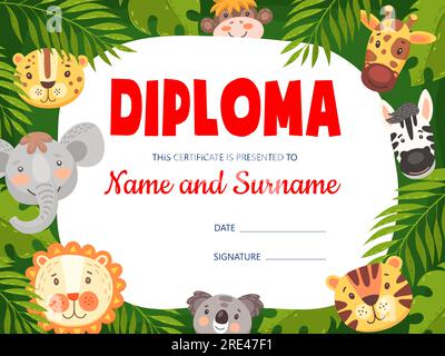 Kids diploma with cute cartoon animals. Vector certificate with funny elephant, leopard, giraffe and monkey, koala and lion in jungle. Education school or kindergarten graduation award frame template Stock Vector